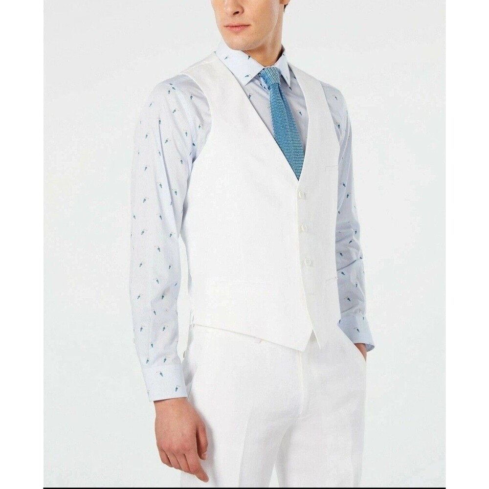 Bar III Mens Slim fit Button-Up Suit Vest Size Large White